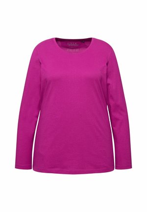 T-shirt a maniche lunghe di un luminoso fucsia, realizzato in cotone morbido, con scollo rotondo e una superficie liscia e uniforme. Senza motivi o dettagli.