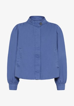 Blue cotton jacket with a stand collar, button closure, and puffed sleeves. Features two side pockets and a cropped, loose fit.