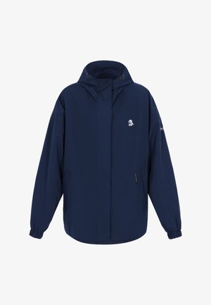 Navy blå, letvægtsjakke med lynlås foran, justerbar hætte, elastiske manchetter og logodetalje på brystet. Har to sidelommer.