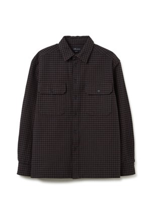 Karierte Knopfhemd in Dunkelbraun und Schwarz, aus weichem Stoff gefertigt. Verfügt über zwei Brusttaschen, einen klassischen Kragen und Knopfverschluss.