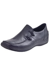 Sort læder slip-on sko med rund tå, dekorativ syning og to elastiske sidepaneler for komfort. Tekstureret gummisål for godt greb.