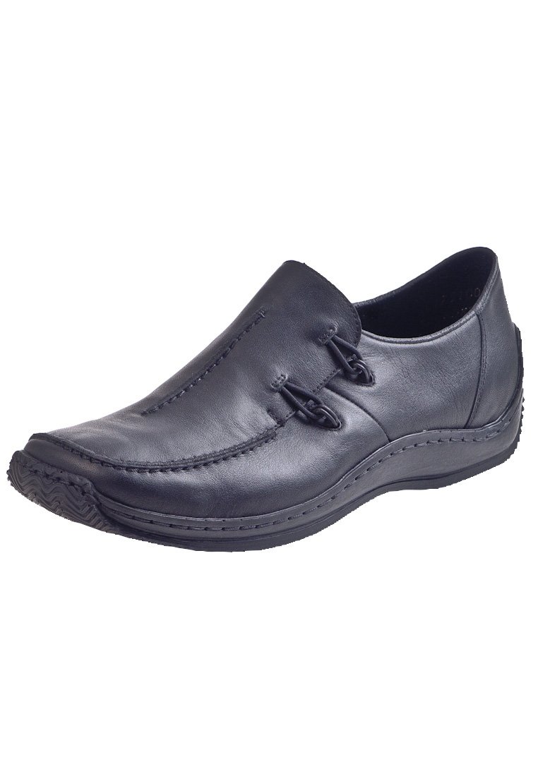 Sort læder slip-on sko med rund tå, dekorativ syning og to elastiske sidepaneler for komfort. Tekstureret gummisål for godt greb.