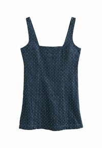 Tumed sinine ilma varrukateta topp ruudukujulise kaelusega, valgete täppidega, vormitud siluett ja sirge äär.