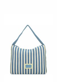 Sac à épaule rayé avec des rayures horizontales bleues et blanches, en tissu doux, de forme arrondie, et une sangle d'épaule bleu clair avec une étiquette jaune.