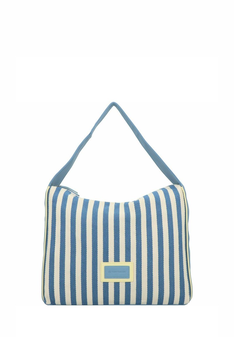 Sac à épaule rayé avec des rayures horizontales bleues et blanches, en tissu doux, de forme arrondie, et une sangle d'épaule bleu clair avec une étiquette jaune.