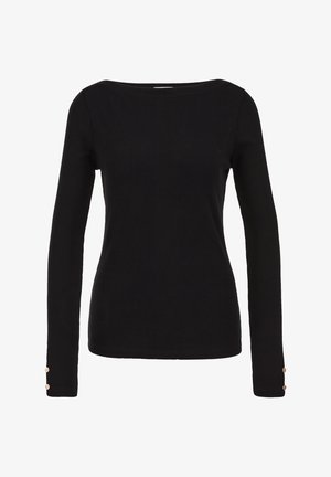 Crni rebrasti dugi rukav majica s izrezom u obliku čamca i dva mala dekorativna zlatna dugmeta na svakom manžetu.