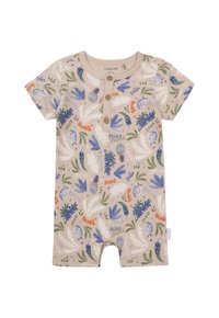 Beige Kurzarm-Overall mit Knopfleiste, der ein buntes Muster aus Früchten und Blättern zeigt. Aus weichem Baumwollstoff, lockerer Passform und Druckknopfverschluss.
