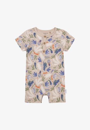 Beżowy romper z krótkim rękawem z patką z guzikami, z kolorowym wzorem owoców i liści. Miękka bawełniana tkanina, luźny krój oraz zapięcie na zatrzaski.