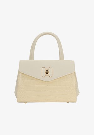 Geantă de mână de culoare crem, cu textură de crocodil fals, formă structurată, închidere cu detalii aurii și două mânere superioare.