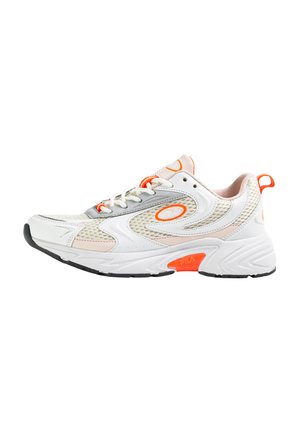 White and light grey sneaker with mesh detailing, orange accents, and a thick black sole. Features laces and a padded collar for comfort.