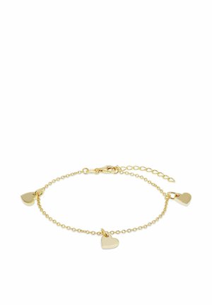 Delicaat gouden kettingarmband met drie kleine hartvormige bedeltjes gelijkmatig verdeeld en een karabijnsluiting met verstelbare schakels.