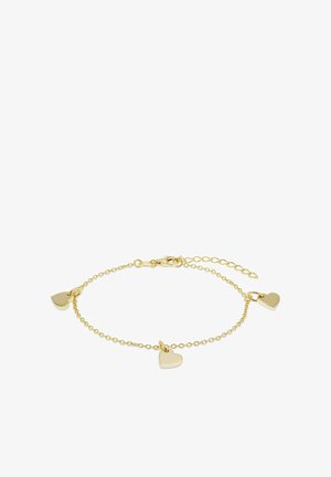 Delicaat gouden kettingarmband met drie kleine hartvormige bedeltjes gelijkmatig verdeeld en een karabijnsluiting met verstelbare schakels.