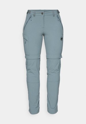 Stretchable, light blue outdoor pants with zippered pockets and adjustable cuffs. Material appears soft and durable, designed for versatility.