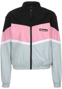 Farveblokket vindjakke med sorte, pink og lysegrå paneler. Lynlås foran, stående krave samt elastisk kant og manchetter. Logo på brystet.