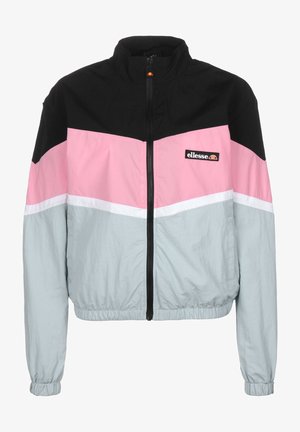 Color-blocked windbreaker jacket featuring black, pink, and light gray panels. Zip front, stand collar, and elasticized hem and cuffs. Logo on chest.