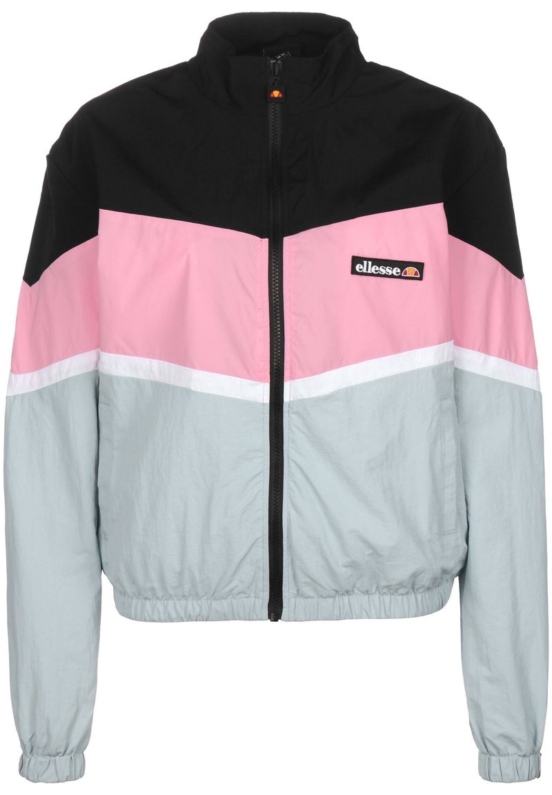 Farveblokket vindjakke med sorte, pink og lysegrå paneler. Lynlås foran, stående krave samt elastisk kant og manchetter. Logo på brystet.