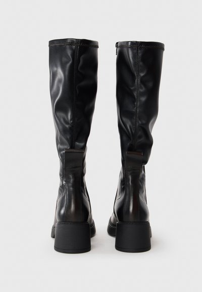 Black leather knee-high boots with a smooth texture, square toe, robust heels, and zipper details along the back seam.