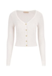 Biała swetrowa kardigan z długimi rękawami, dekoltem w serek i sześcioma złotymi guzikami z przodu. Mi�ękka tekstura, dopasowany krój.