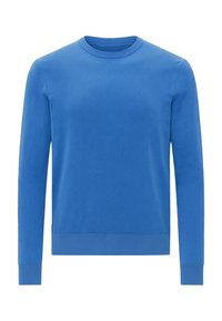 Felpa blu con scollo tondo in morbido cotone, maniche lunghe e polsini a coste. Presenta un logo discreto sul petto e una texture liscia.