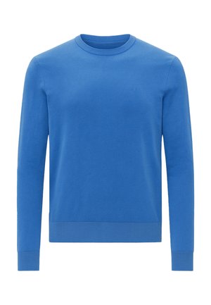 Felpa blu con scollo tondo in morbido cotone, maniche lunghe e polsini a coste. Presenta un logo discreto sul petto e una texture liscia.