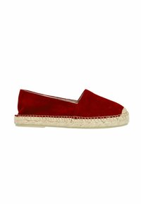 Rode suède espadrille instapper met een ronde neus en een gevlochten juten zool, met een gladde textuur en een minimalistisch ontwerp.