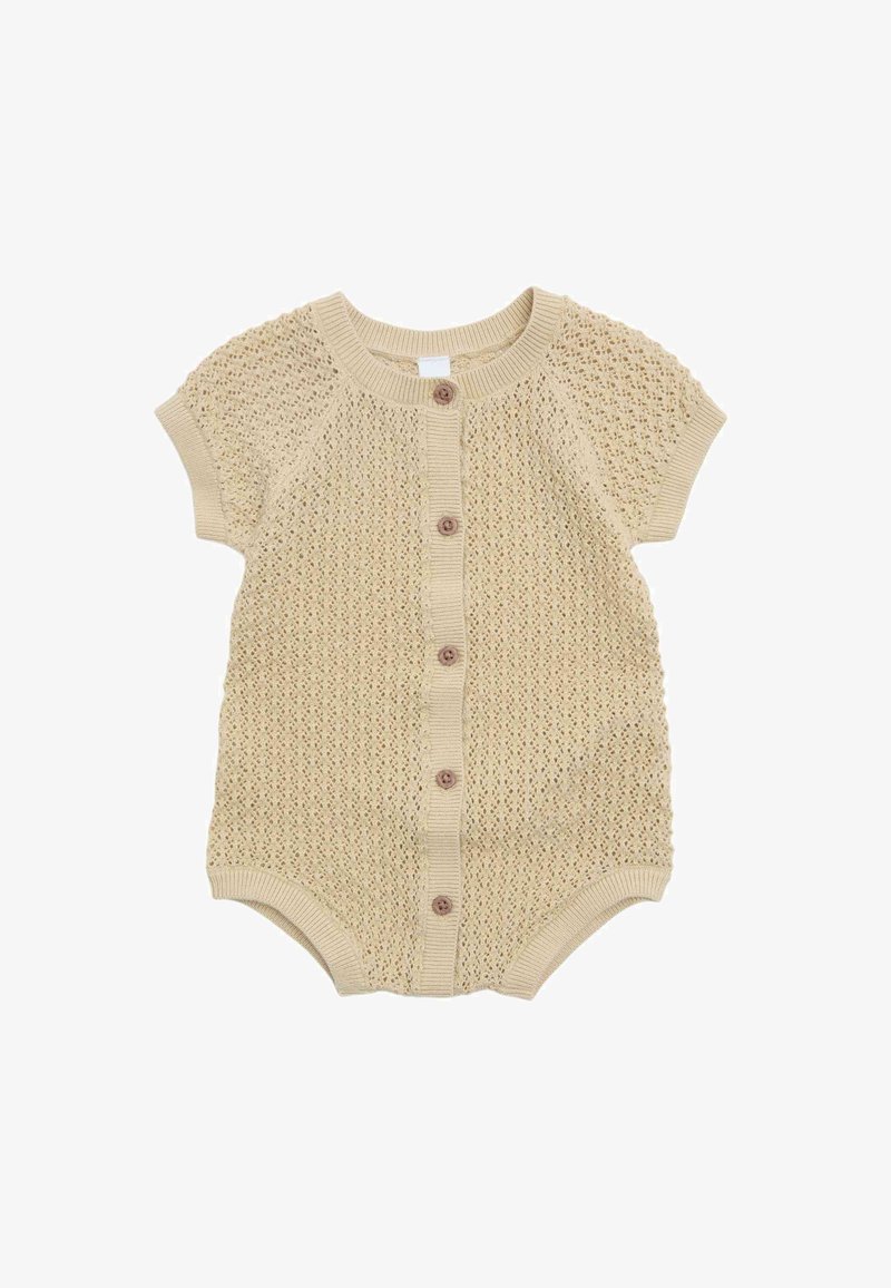 Beige knitted short-sleeve baby romper with front button closure and ribbed trim on neckline, sleeves, and leg openings.