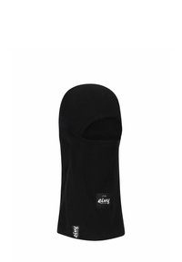 Schwarze Balaclava aus weichem, dehnbarem Material. Mit einer engen Passform, einem offenen Gesicht und Markierungslabels an der Seite.