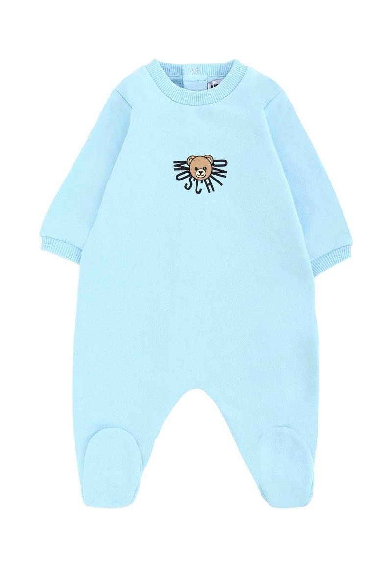 Body azzurro chiaro per neonati con maniche lunghe, polsini a coste e una grafica di un orso con il testo "MOSCHINO" sul davanti. Materiale morbido in misto cotone.
