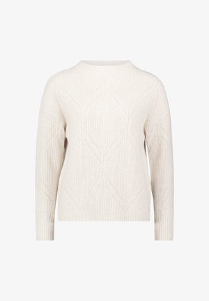 Pull en maille de couleur crème avec une texture côtelée, présentant un motif géométrique en losange, un col rond et des manches longues.