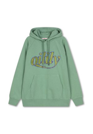 Groene katoenen hoodie met een voorzak en een capuchon met trekkoord. Heeft kleurrijke "olieachtige" borduursels op de borst in een cursieve lettertype.