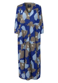 Vestido maxi en azul, marrón y azul claro con un diseño en capas, mangas largas y escote en V. Hecho de tela ligera con patrones de hojas.
