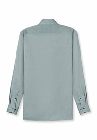 Hellgraues langärmliges Hemd von hinten gezeigt, mit geknöpften Manschetten und klassischem Kragen auf weißem Hintergrund.