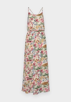 Floral maxi dress with spaghetti straps; features a gathered waist, vibrant pink, blue, green, and beige patterns on lightweight fabric.
