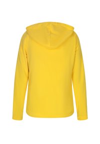 Felpa gialla con cappuccio e maniche lunghe, realizzata in morbido tessuto. Texture liscia con un design semplice. Nessun motivo visibile o dettagli in hardware.