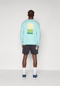 Long-sleeve mint shirt featuring a graphic print on the back, paired with dark gray shorts. Model wears white socks and dark sneakers.