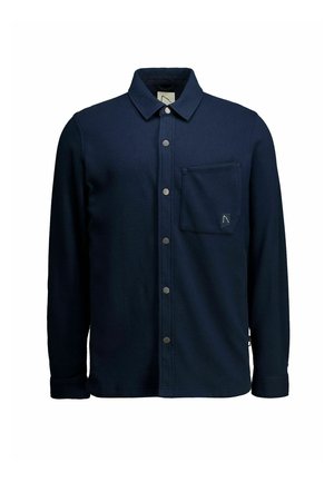 Marineblaue Hemdjacke aus strukturiertem Stoff, mit Brusttasche, abgerundetem Kragen und langen Ärmeln in entspannter Passform.