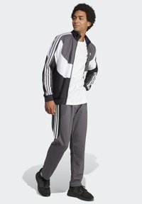 Tuta sportivo in nero, bianco e grigio. Composto da giacca con zip e tre strisce bianche sulle maniche, pantaloni grigi abbinati e sneakers nere.