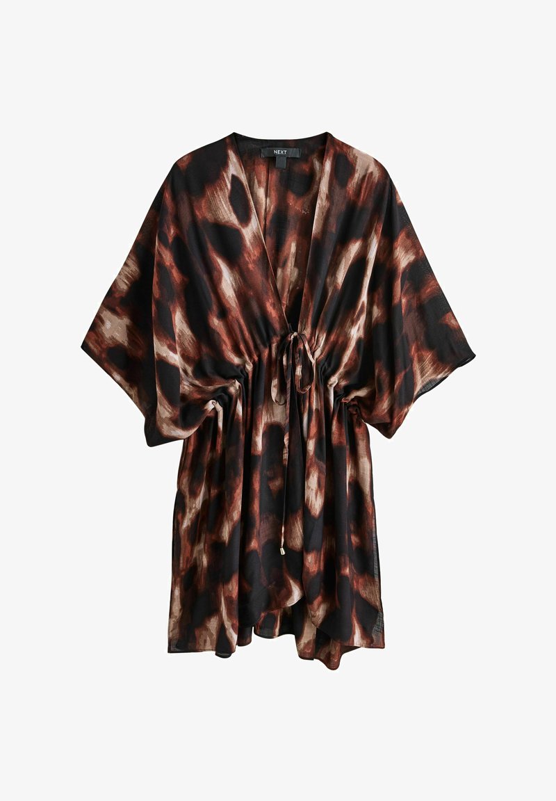 Braun-schwarzer Kimonostil-Überwurf mit tiefem V-Ausschnitt, Taillenbindedetail und weiten Ärmeln, gefertigt aus leichtem Stoff.
