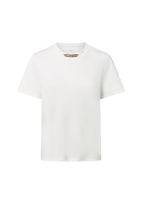 Weiße Kurzarm-T-Shirt mit einem dekorativen Perlenkragen. Glatter Stoff mit lockerer Passform und einfachem Rundhalsausschnitt.