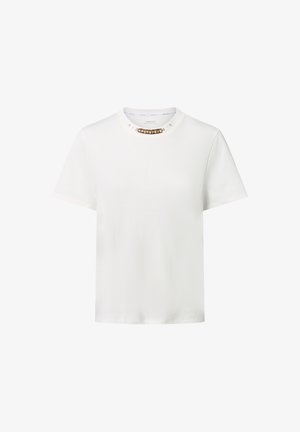 White short-sleeve t-shirt featuring a decorative beaded neckline. Smooth fabric with a relaxed fit and simple crew neck design.