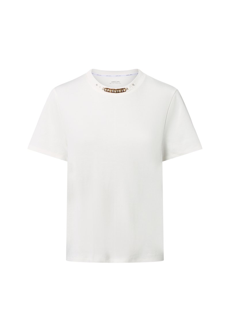Weiße Kurzarm-T-Shirt mit einem dekorativen Perlenkragen. Glatter Stoff mit lockerer Passform und einfachem Rundhalsausschnitt.