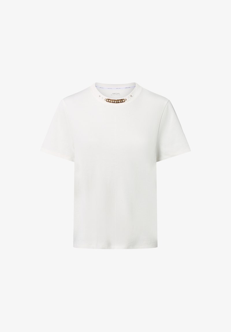 Weiße Kurzarm-T-Shirt mit einem dekorativen Perlenkragen. Glatter Stoff mit lockerer Passform und einfachem Rundhalsausschnitt.