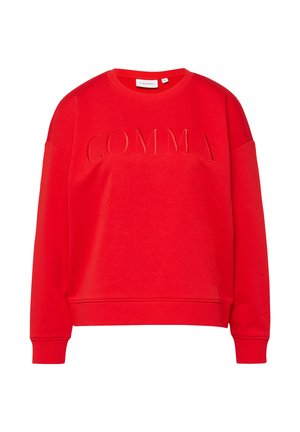 Rotes Sweatshirt mit Rundhalsausschnitt, langen Ärmeln und gerippten Bündchen, mit geprägtem "COMMA"-Schriftzug auf der Brust.