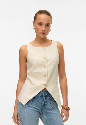Top sin mangas de color beige con escote redondo, cierre frontal de botones y dobladillo puntiagudo. Fabricado con una tela ligera de textura sutil.