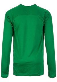 Camicetta verde a maniche lunghe realizzata in tessuto morbido, con scollo rotondo e texture liscia. La parte posteriore presenta cuciture senza giunte e un design aderente.