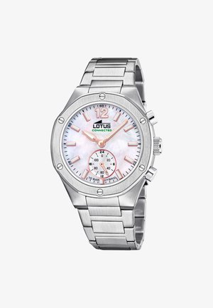 Hibridni ručni sat Silver Lotus s bijelim brojčanikom, ružičasto-zlatnim kazaljkama i oznakama, malim podbrojčanikom za 24 sata i narukvicom od metalnih karika.