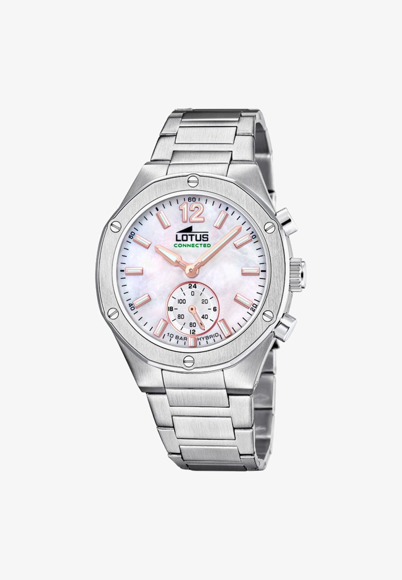 Montre-bracelet hybride Silver Lotus avec cadran blanc, aiguilles et index en or rose, petit sous-cadran 24 heures, et bracelet à maillons en métal.