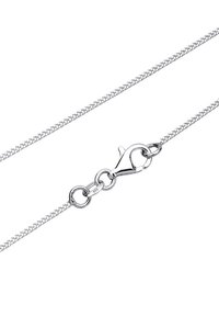 Hopeinen ketjukaulakoru, jossa on hieno kudottu rakenne, taskurapu-lukko ja pyöreitä lenkkejä, leimattu "925" sterlinghopeaksi.