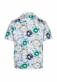 Korte mouwen shirt met een bloemenpatroon in blauw, groen, zwart en beige tinten; gemaakt van lichtgewicht, ademend materiaal.