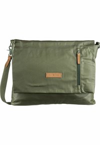 Sac messager en nylon vert olive, avec une poche zippée à l'avant, une étiquette en cuir et une bandoulière détachable.